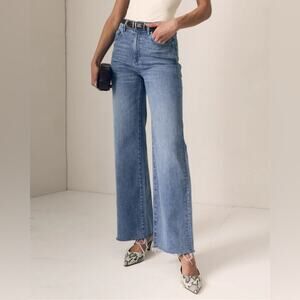 Le Jean Column Jean High Rise Wide Leg Raw Hem Cotton Stretch Blue Size 28